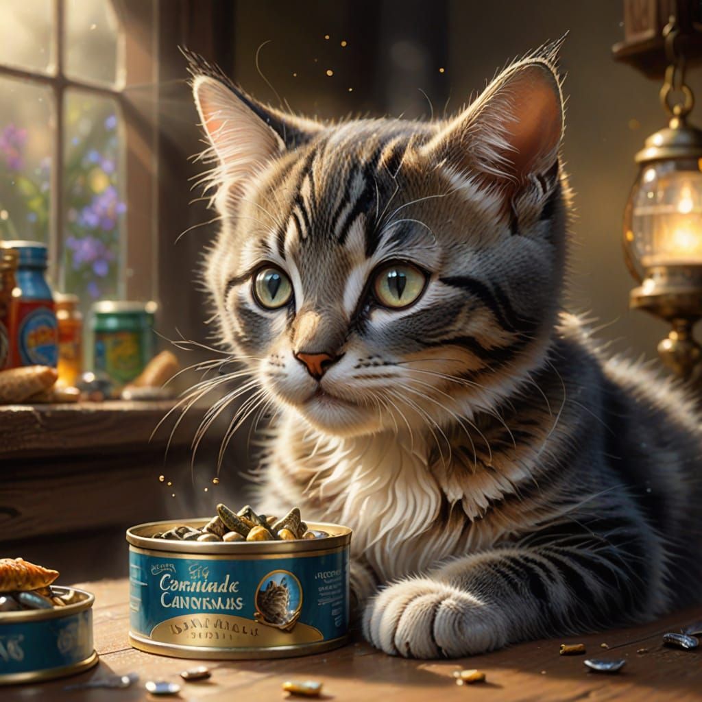 Kitten Enjoys Sardines in Ethereal Fantasy Style