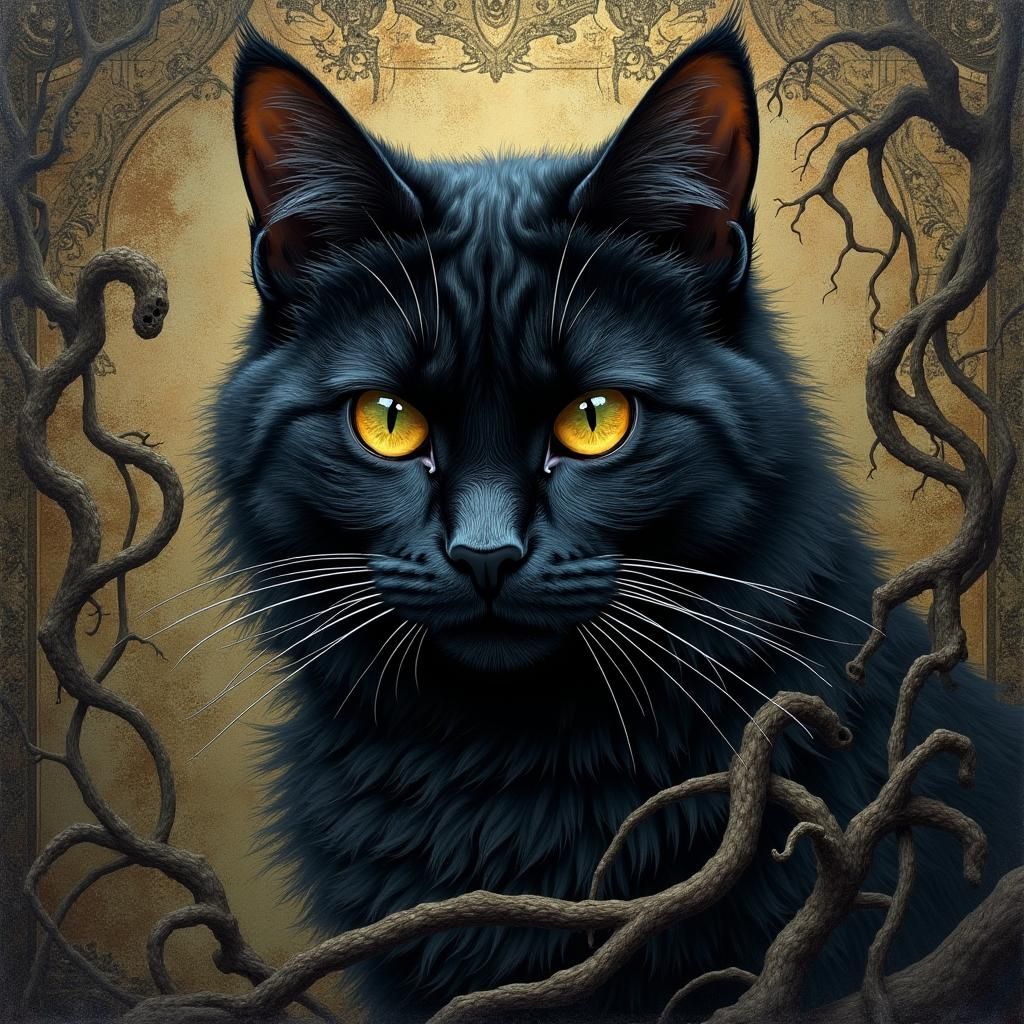 Regal Black Cat Portrait in Gothic Biopunk Style