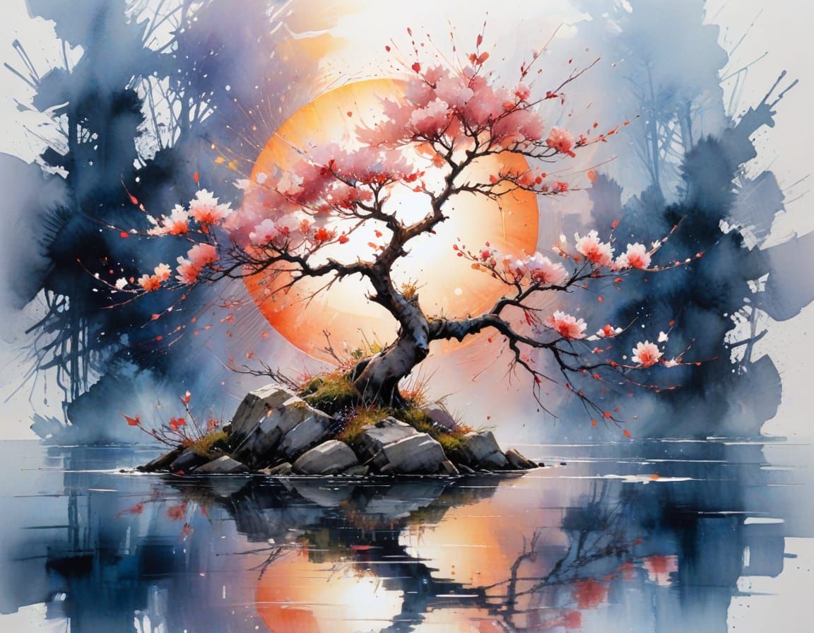 Minimalist Bonsai Sunrise with Blue Bird in Watercolor Style