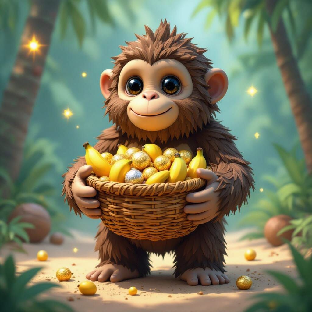 Ape Golem Offers Magical Fruit in Synthwave Lighting