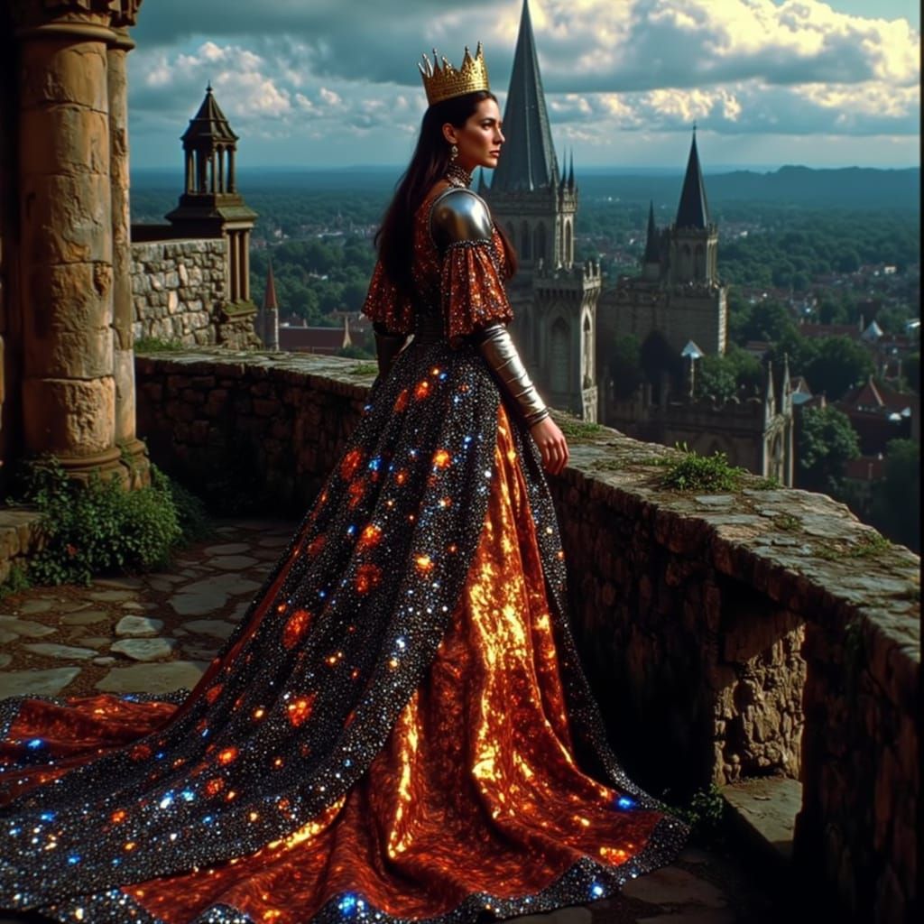 Regal Queen in Stained Glass Gown Overlooking Gothic City