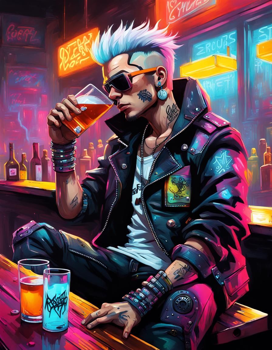 Cyberpunk Rockerboy Sipping Whiskey in Neon Bar