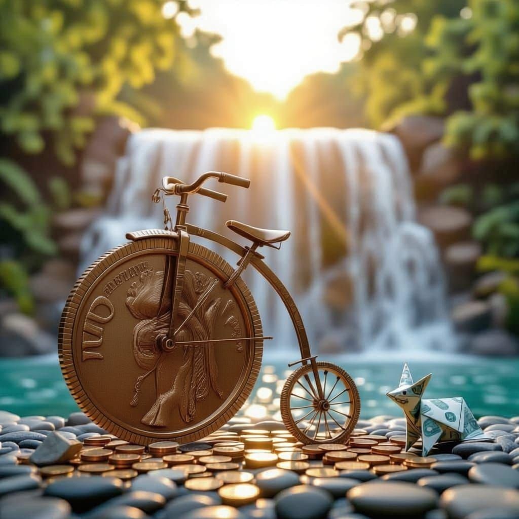 Antique Penny Farthing with Coin Wheels & Banknote Waterfall