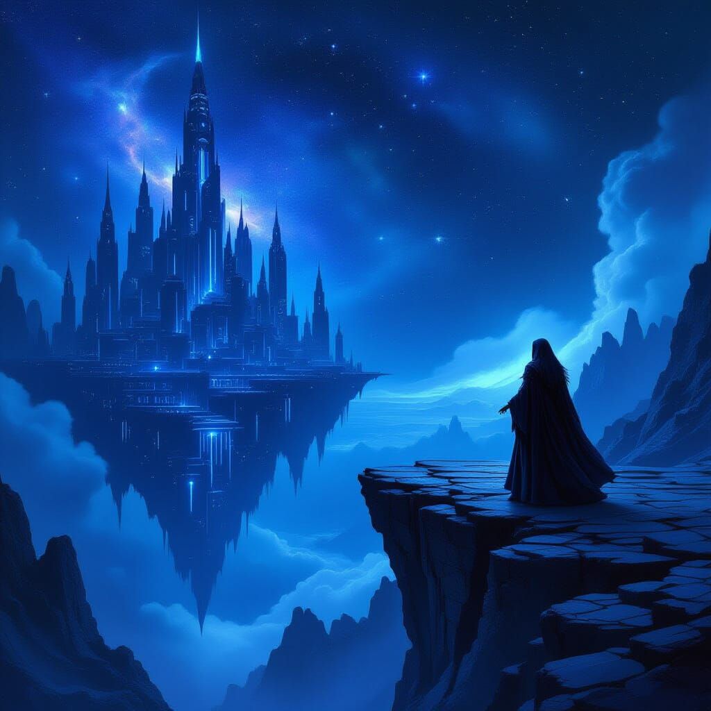 Sorceress Gazes at Cosmic City on Precipice