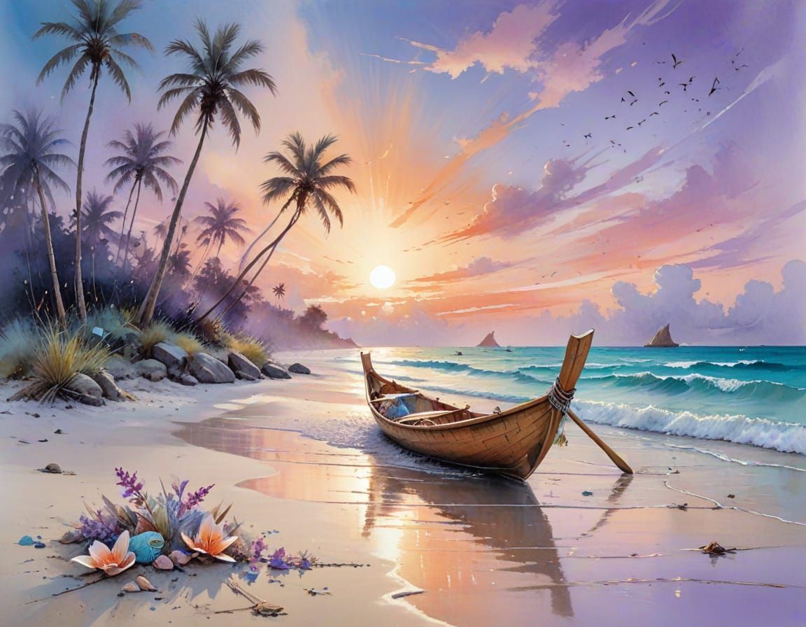 Tropical Lagoon Dawn Scene in Watercolour Style