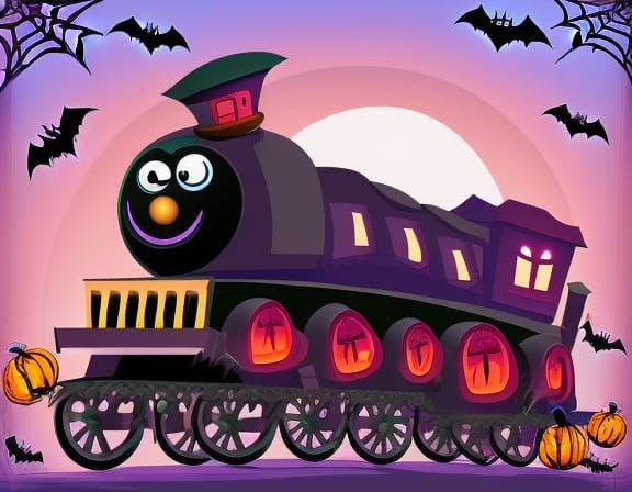 Halloween Cartoon Locomotive with Ghosts and Monsters