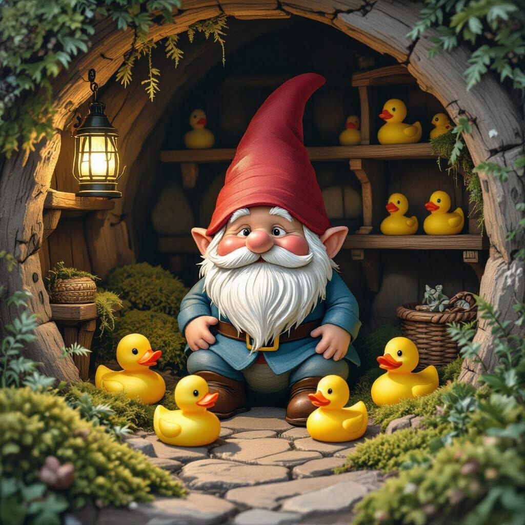 Grumpy Gnome Curates Rubber Ducks, Whimsical Illustration