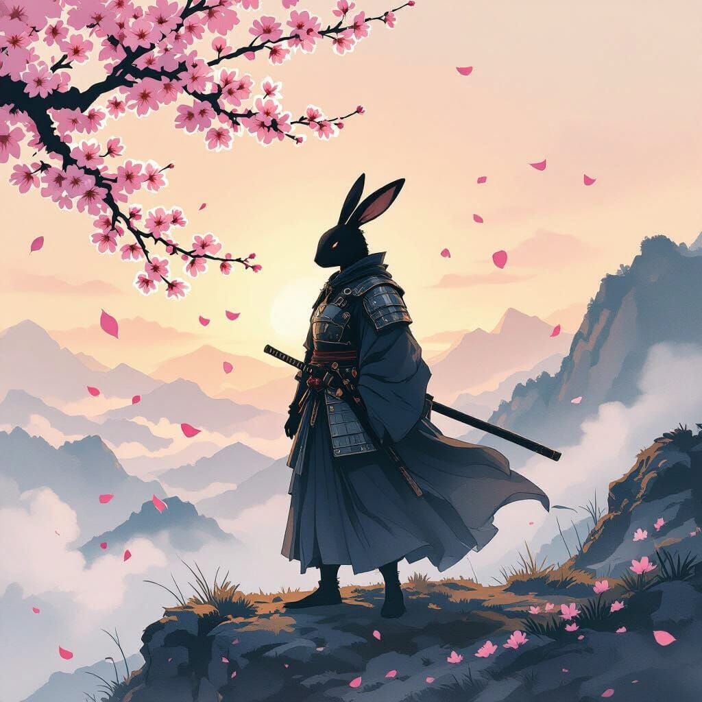 Samurai Rabbit in Misty Mountain Dawn, Watercolor Style