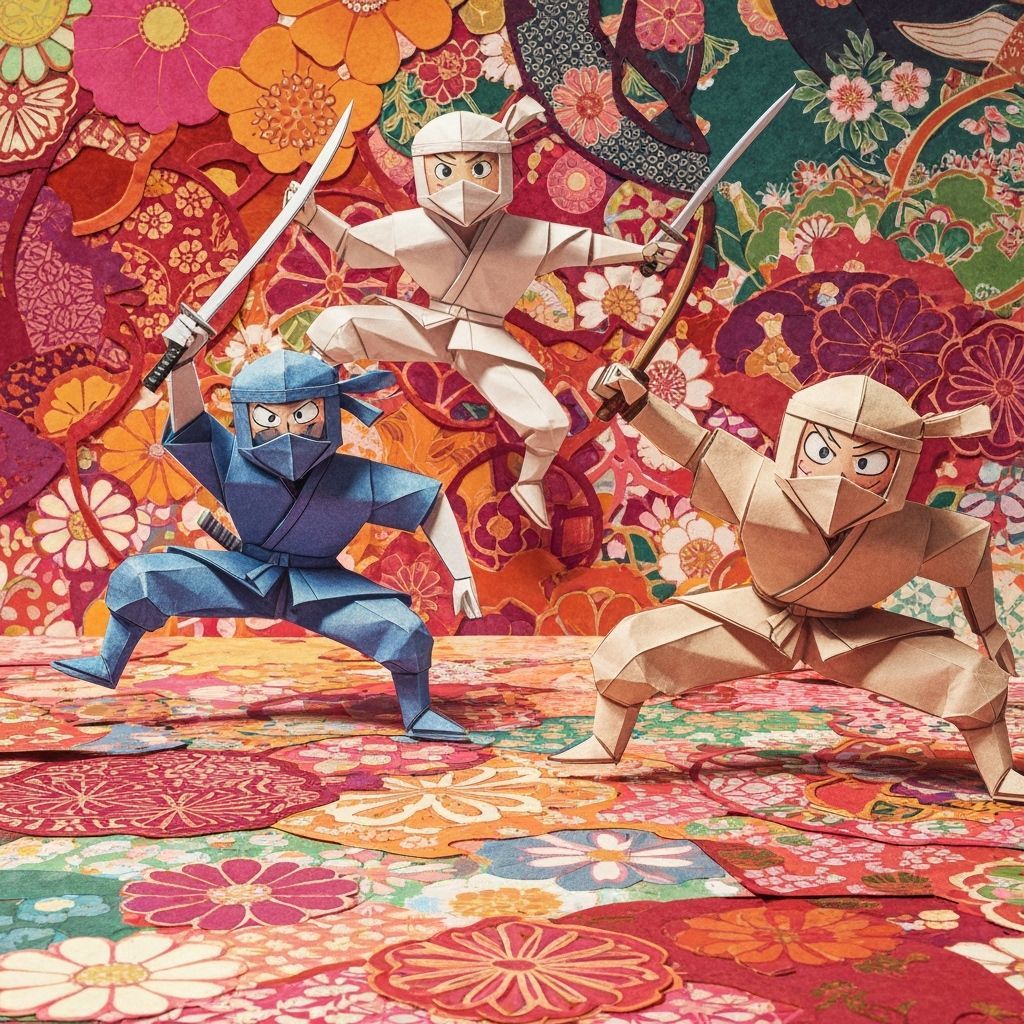 Origami Ninjas in Battle with Floral Background