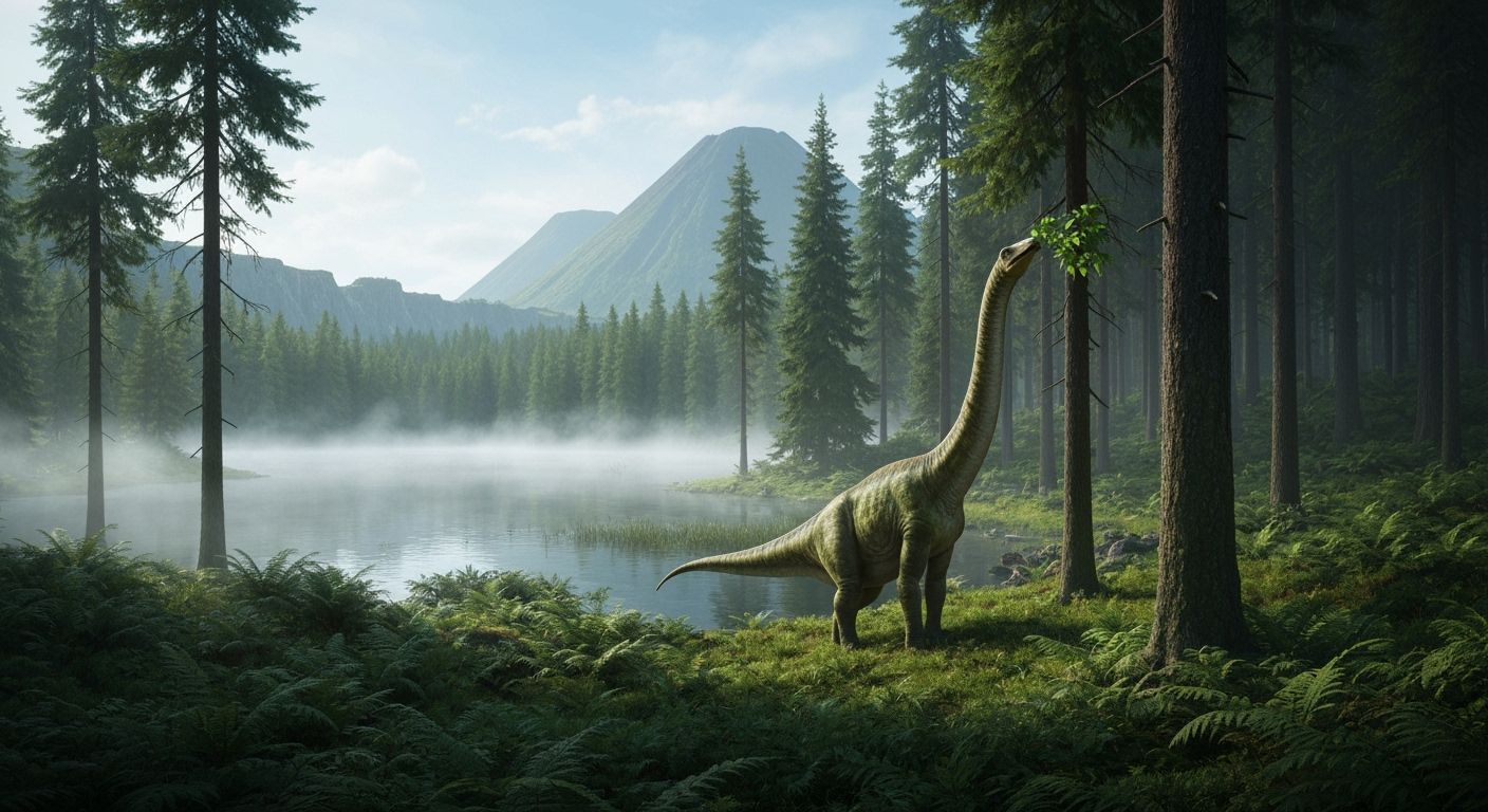 Dinosaur Grazing by Lake with Volcanic Cliffs