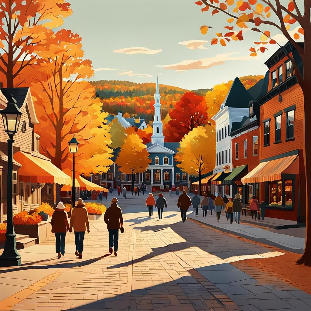 Charming Vermont Town Square in Autumn: Digital Art