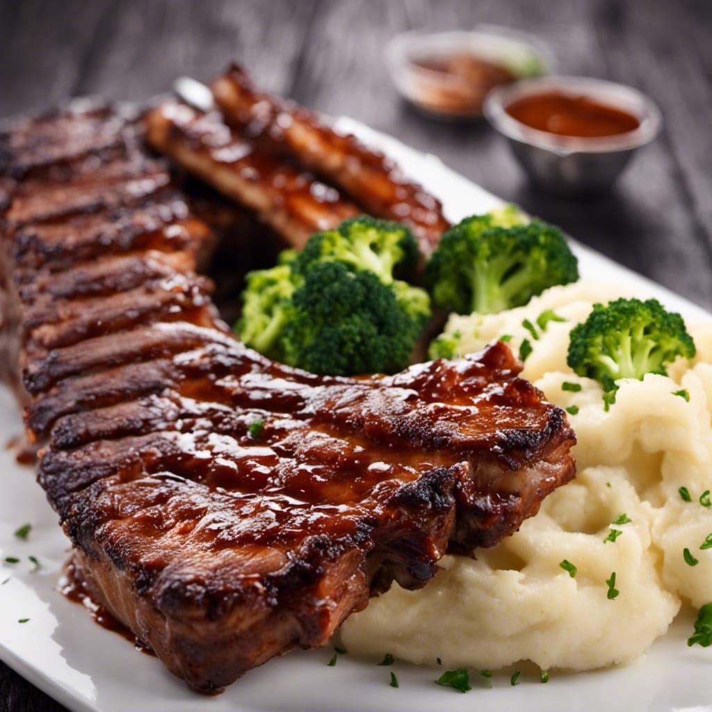Delicious BBQ Pork Ribs, Mashed Potatoes and Broccoli