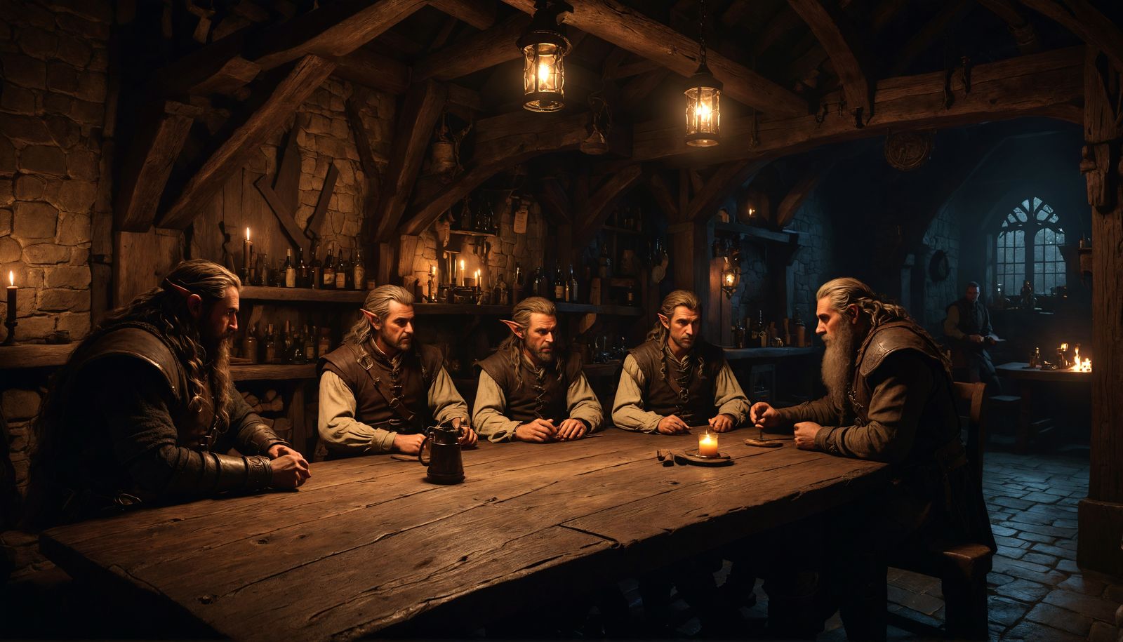 Medieval Tavern Rogues Plot in Dark Corner