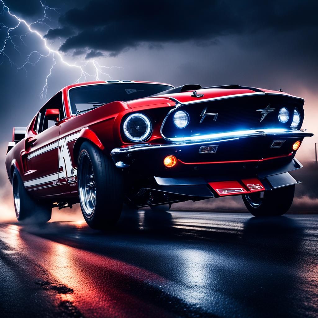 Red 1969 Mustang Drag Racer at Night