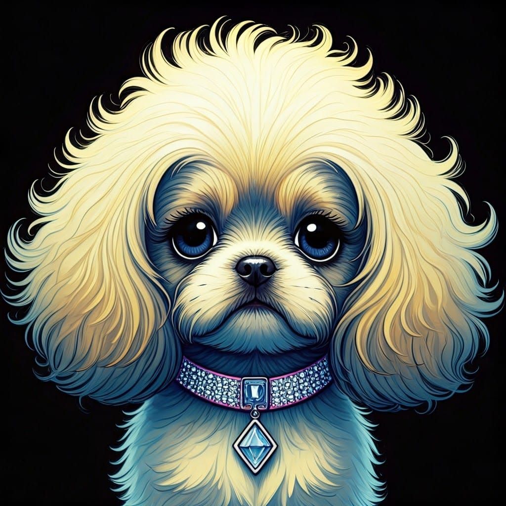 Glamorous Cartoon Poodle with Big Hair and Sad Eyes