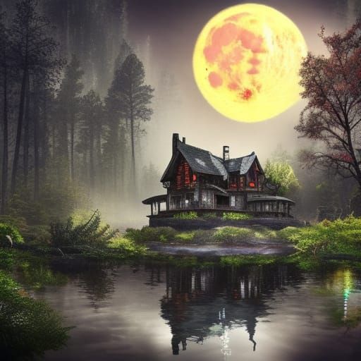 Mysterious House Rises from Pond Under Full Moon