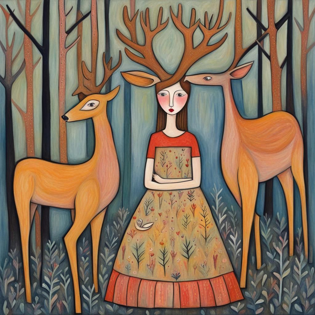 Woman Surrounded by Deer in Naive Art Style