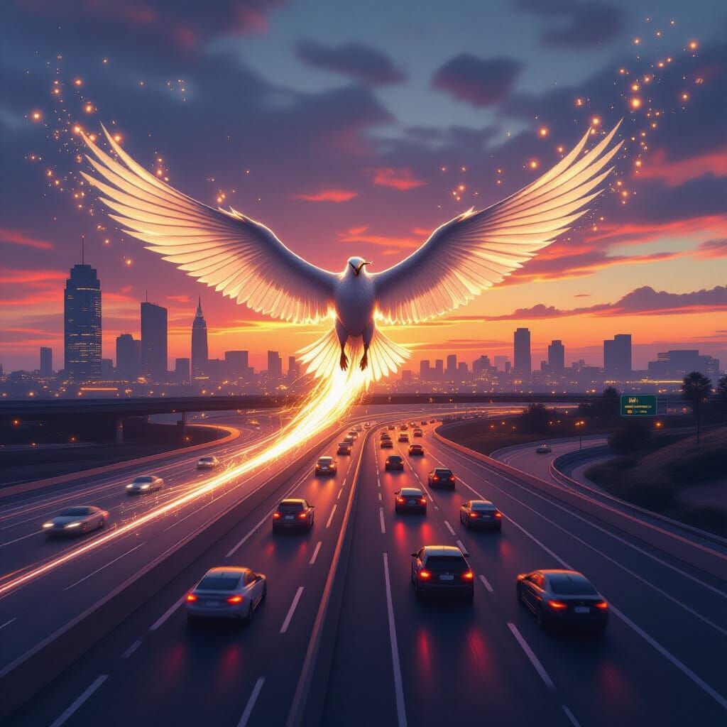 Griffin Flight Over Highway at Sunset