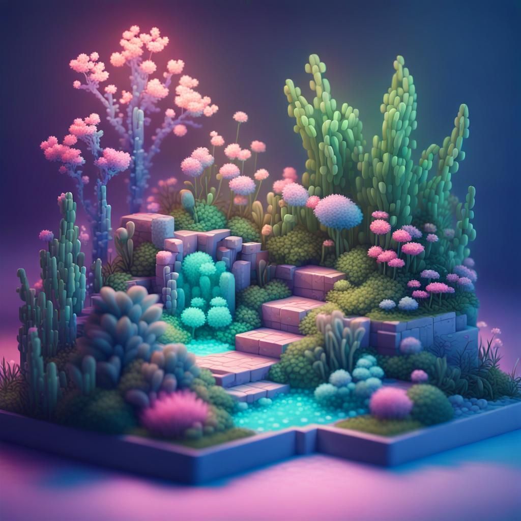 A charming miniature garden in pixel art style, featuring gl...