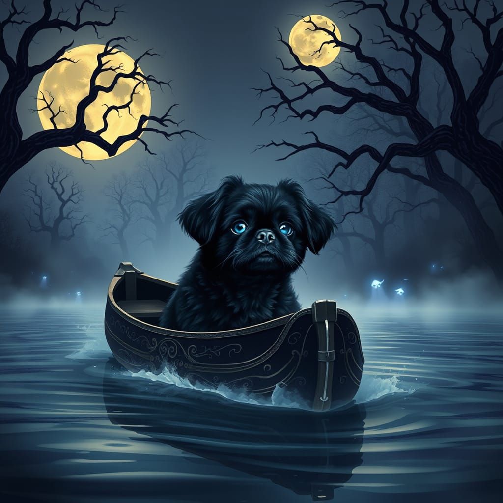 Ethereal Shih Tzu Canoe Voyage on a Misty Dutch River