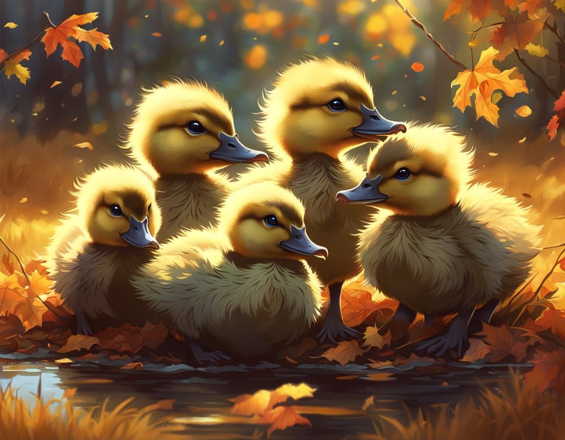 Adorable Ducklings Play in Autumn Leaves