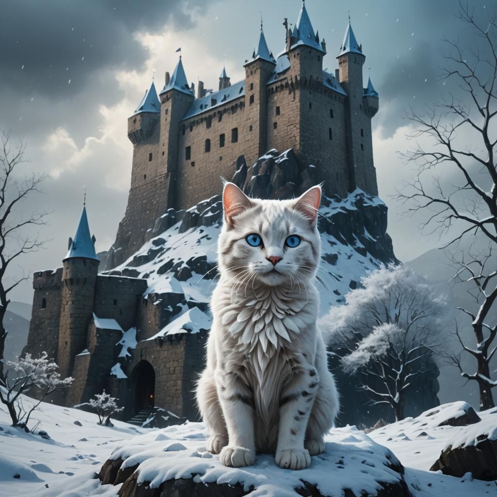Kitty Gazing at Snowy Castle in Dark Fantasy Style