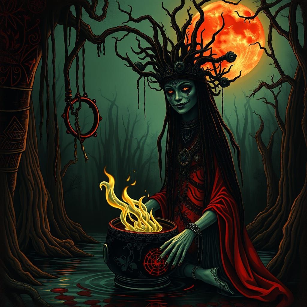 Mystic Voodoo Queen Weaves Dark Spell Under the Crimson Moon