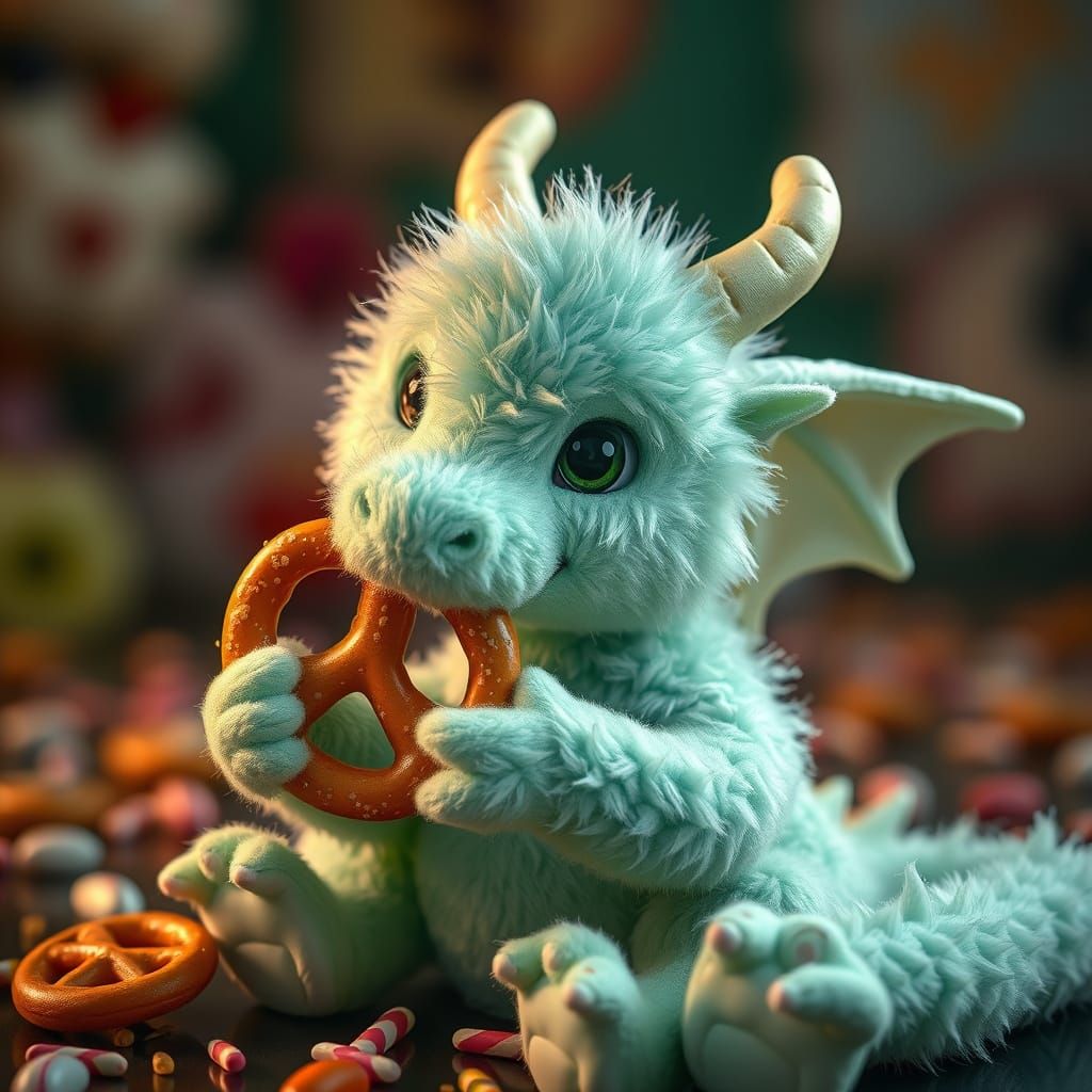 Cute Mint Green Plush Dragon Enjoying a Pretzel in Whimsical...
