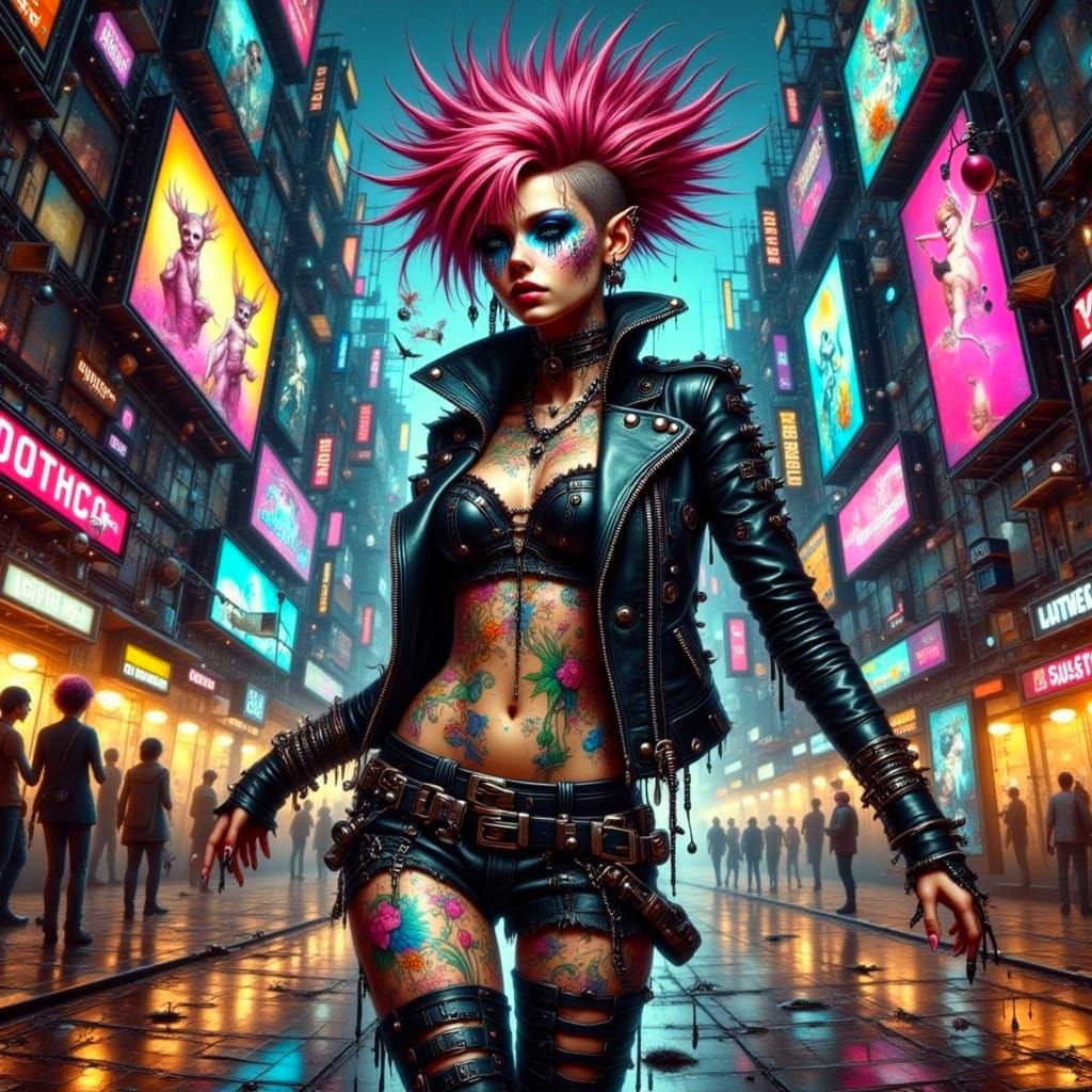Cyberpunk Rebel Struts Through Fractured City