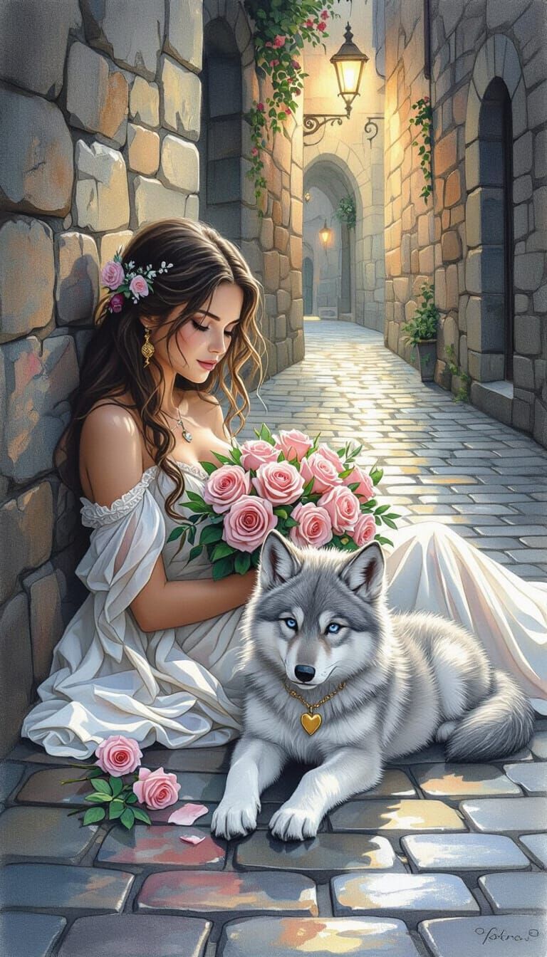 Ariadne with Wolf Cub in Mixed-Media Style