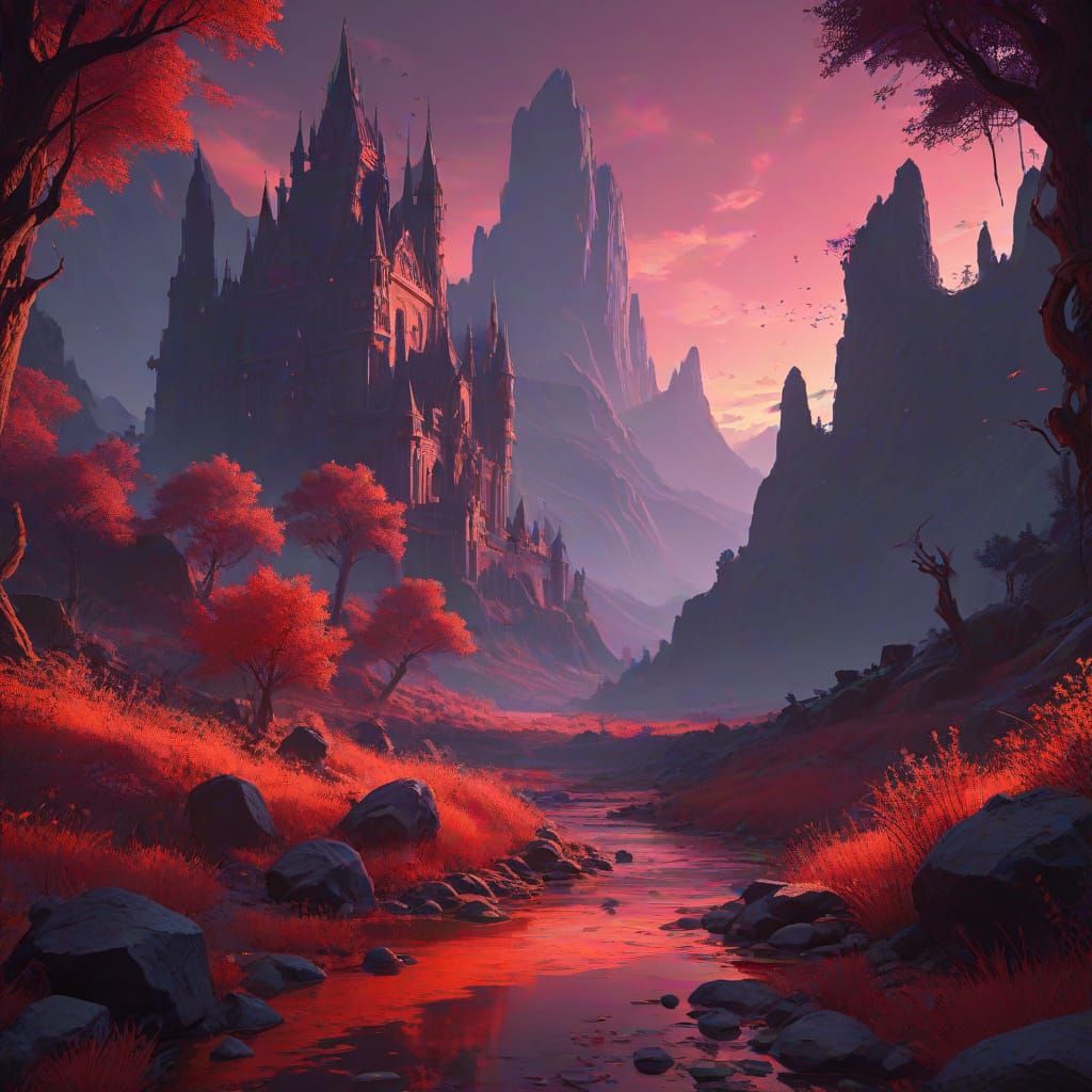 Intense Red Landscape: Dark Fantasy Concept Art