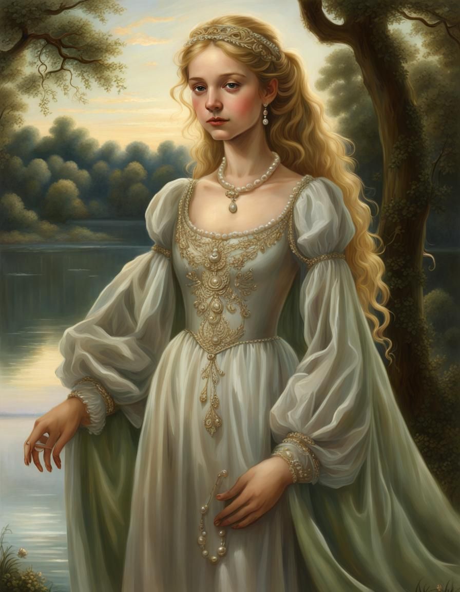 Renaissance Girl with Pearl Embroidery by Lake
