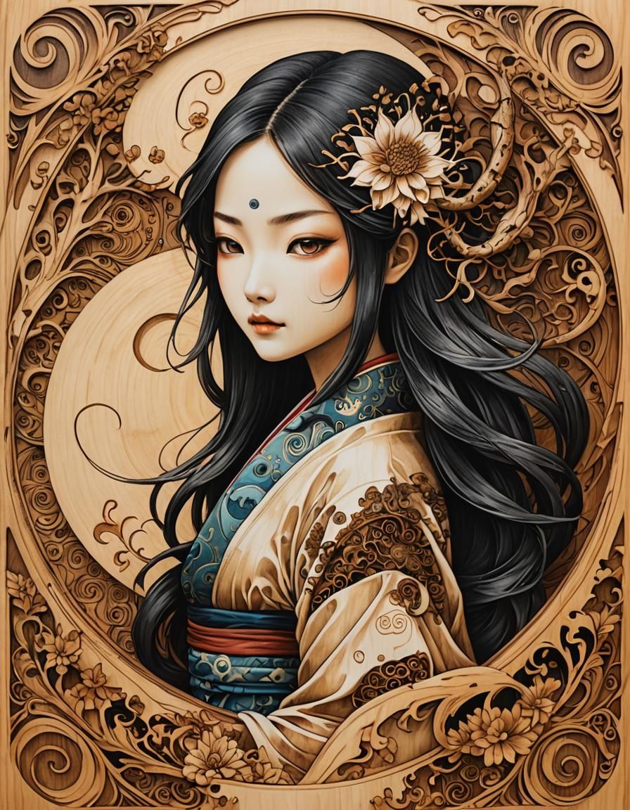 Yin and Yang Yokai Sandalwood Pyrography Masterpiece