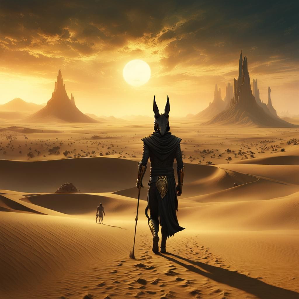 Anubis on Desert Road in Surreal Lighting