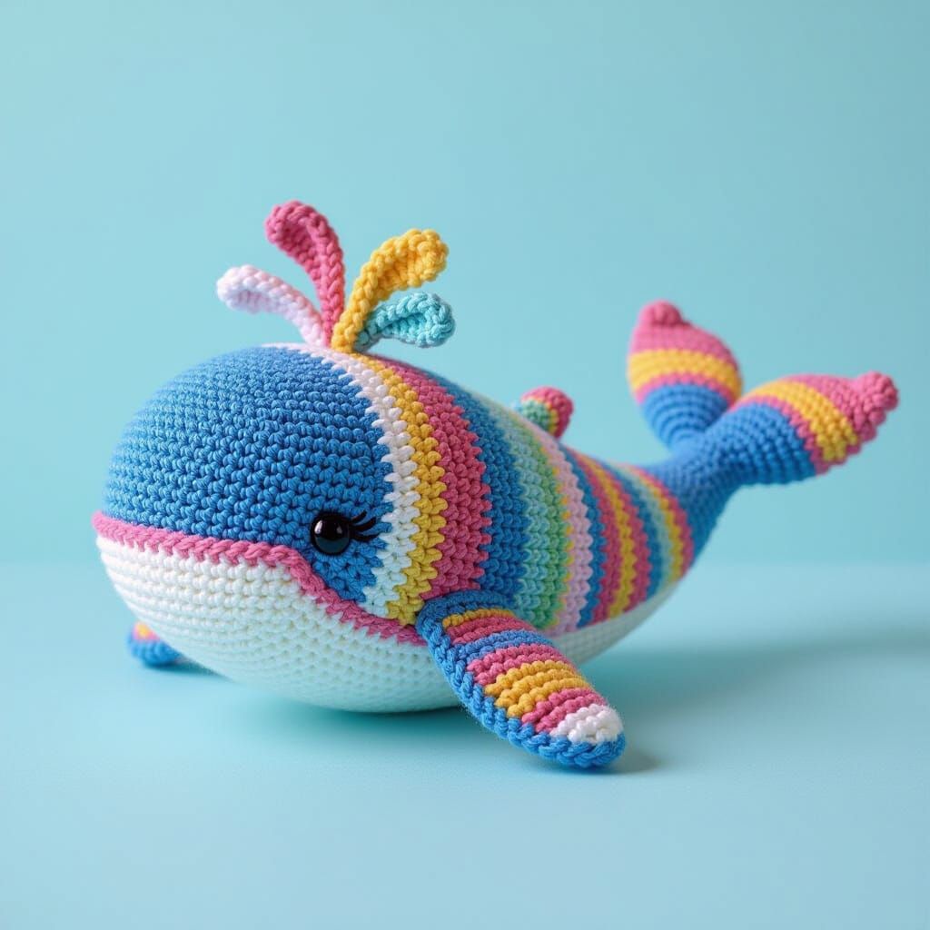 Colorful Crocheted Whale in Folk Art Style