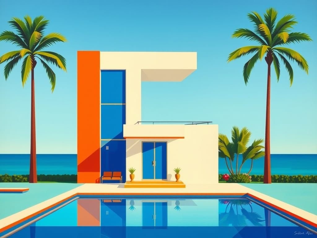Modern Building Amidst Stylized Ocean in Geometric Style