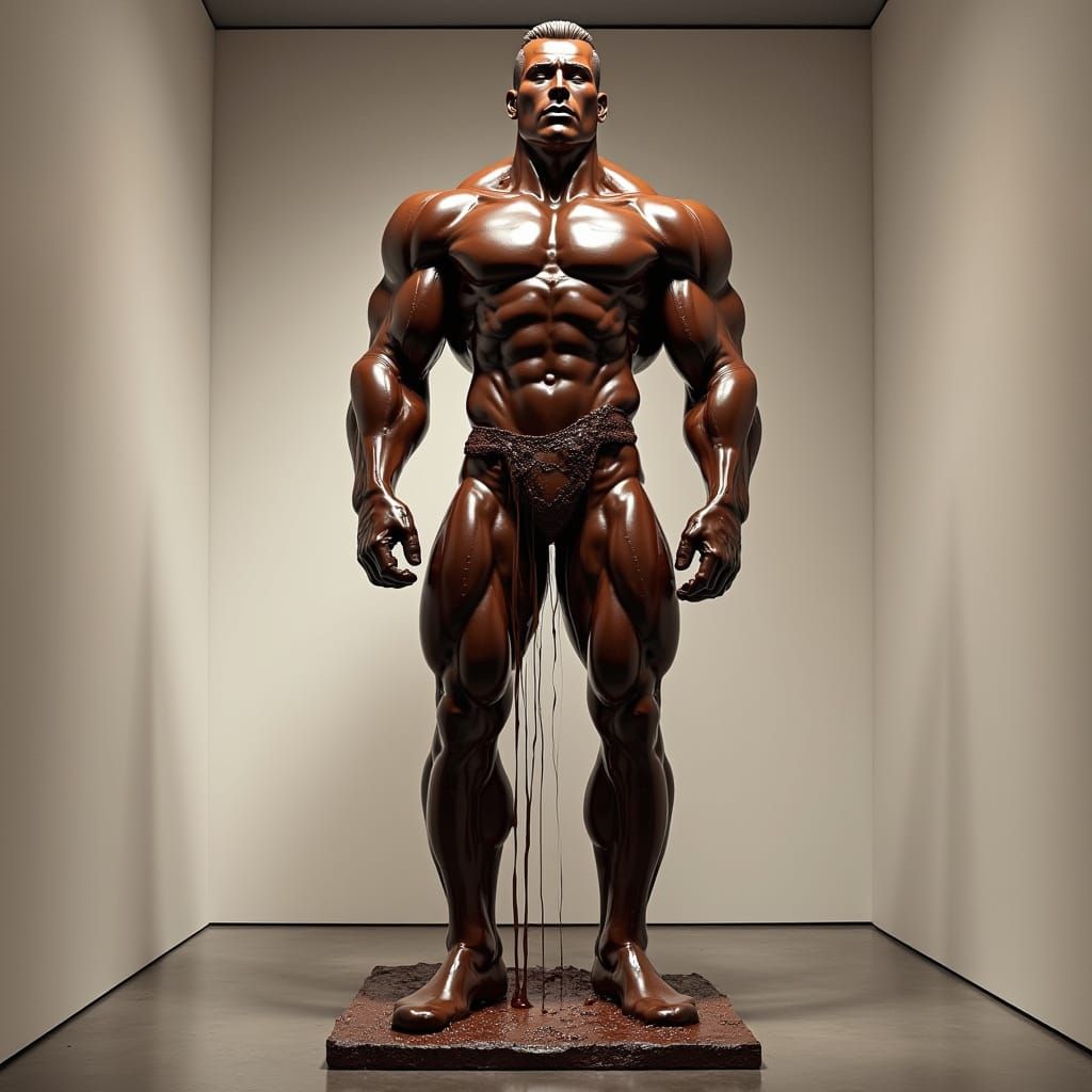 Melting Chocolate Bodybuilder Sculpture in Cyberpunk Style