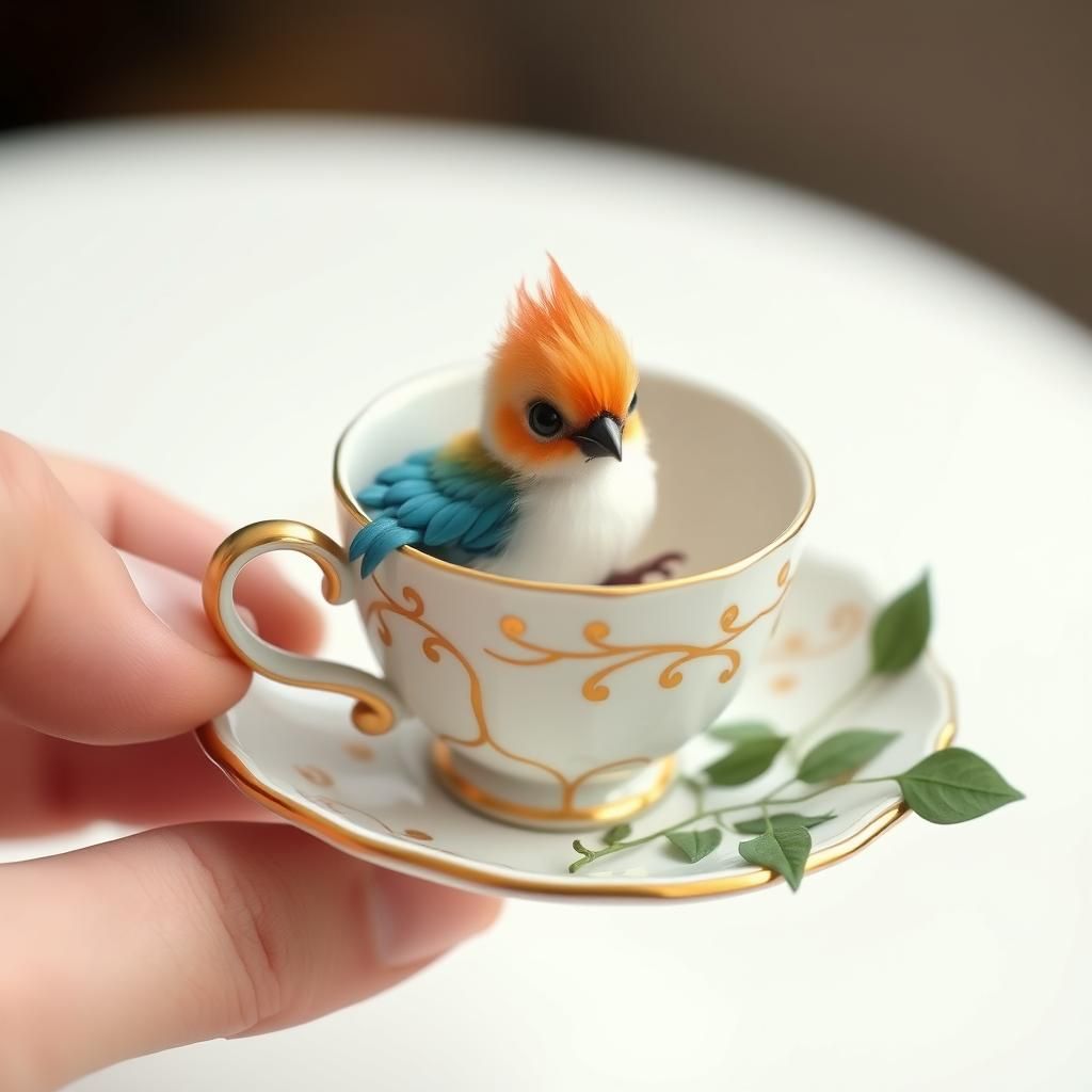 a small baby electric phenix inside a victorian teacup intri...
