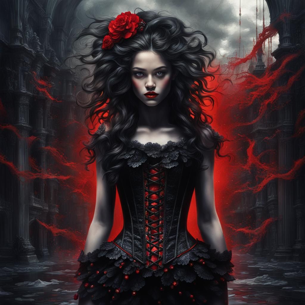 Hyperrealistic Girl in Red Corset with Silver Laces