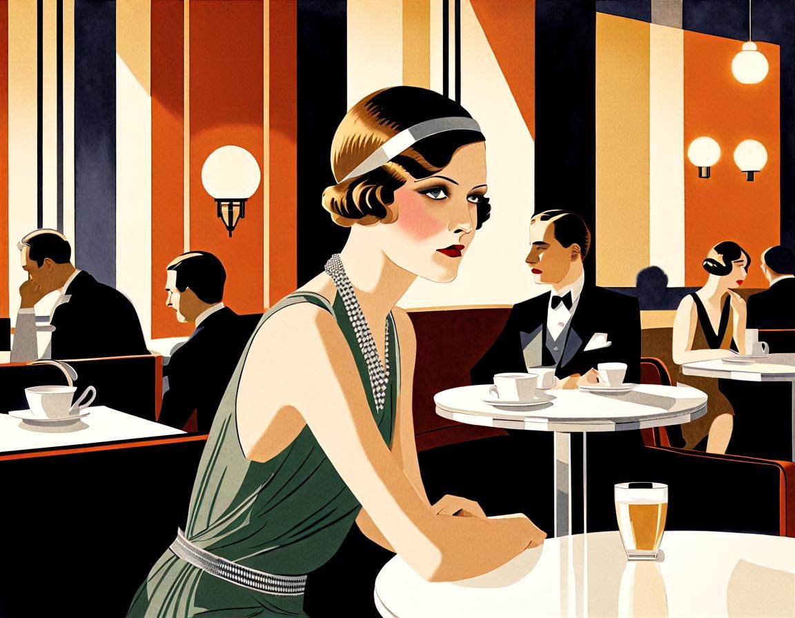 Art Deco Cafe Scene in 1920s Illustration Style