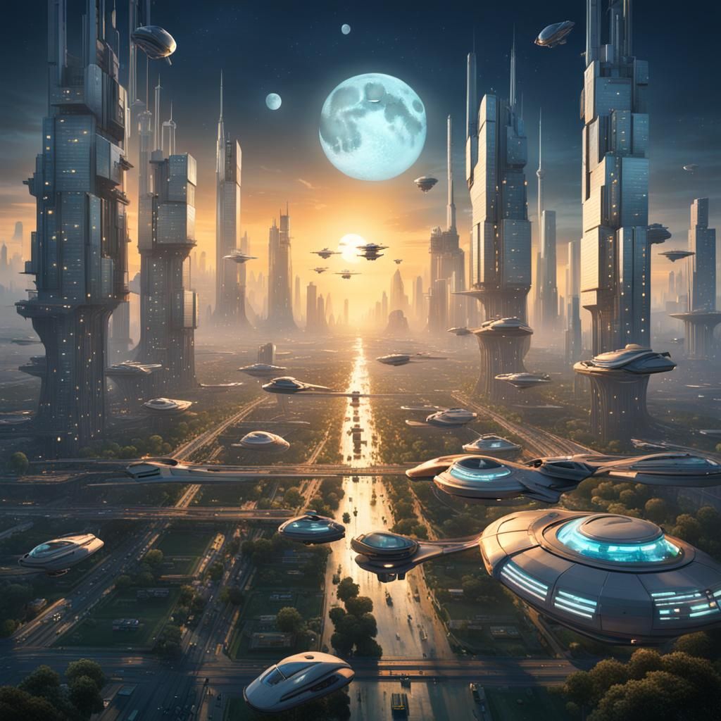 Futuristic Cityscape at Sunrise with Flying Vehicles