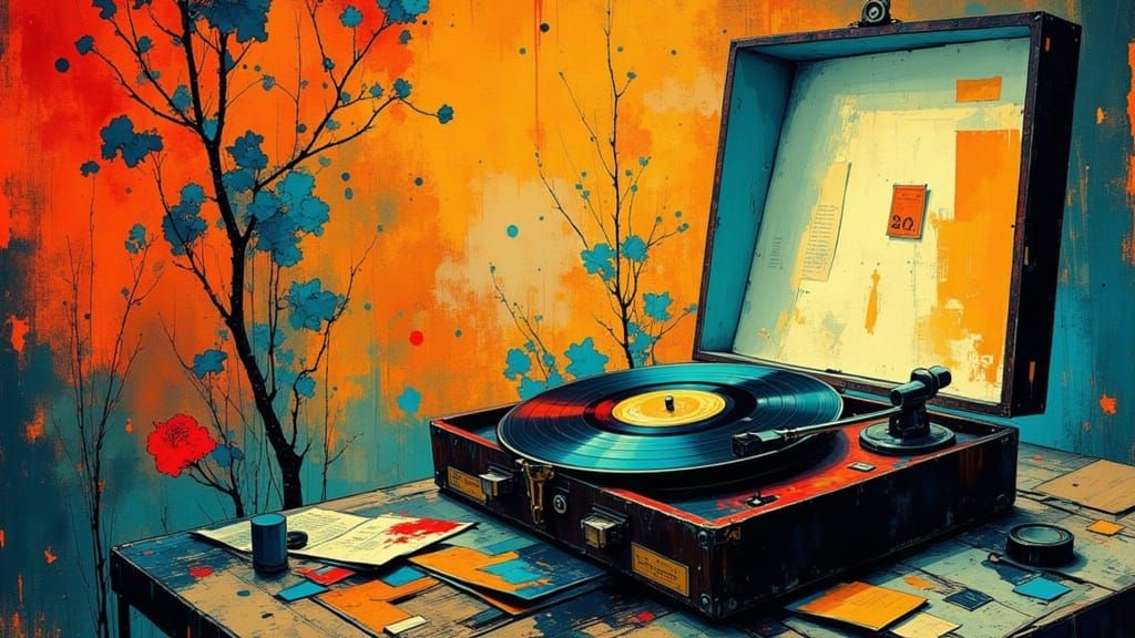 Vintage Record Player with Floating Music Notes Poster Art