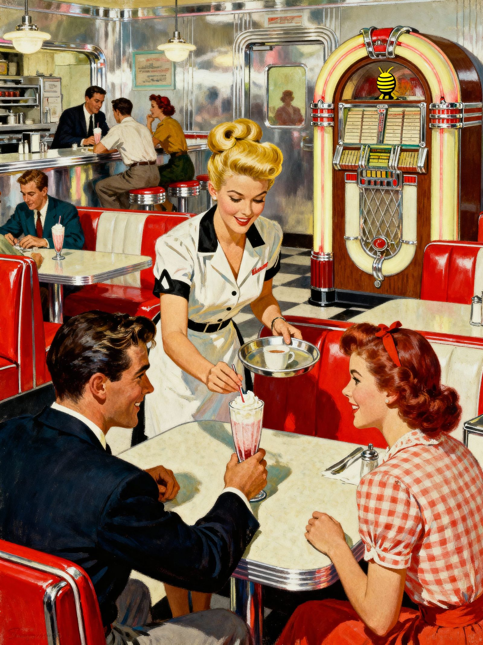 Bustling 1950s Diner Scene in Vintage Illustration Style