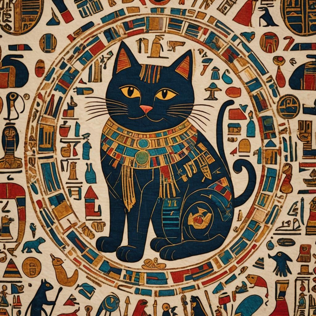 Egyptian Textile: Cat Goddess and Hieroglyphs in Macro