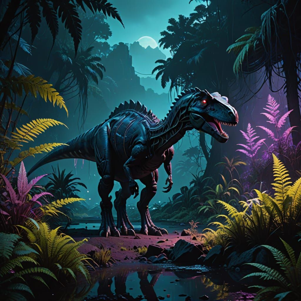 Cyberpunk Dinosaur Grazing in a Neon Forest