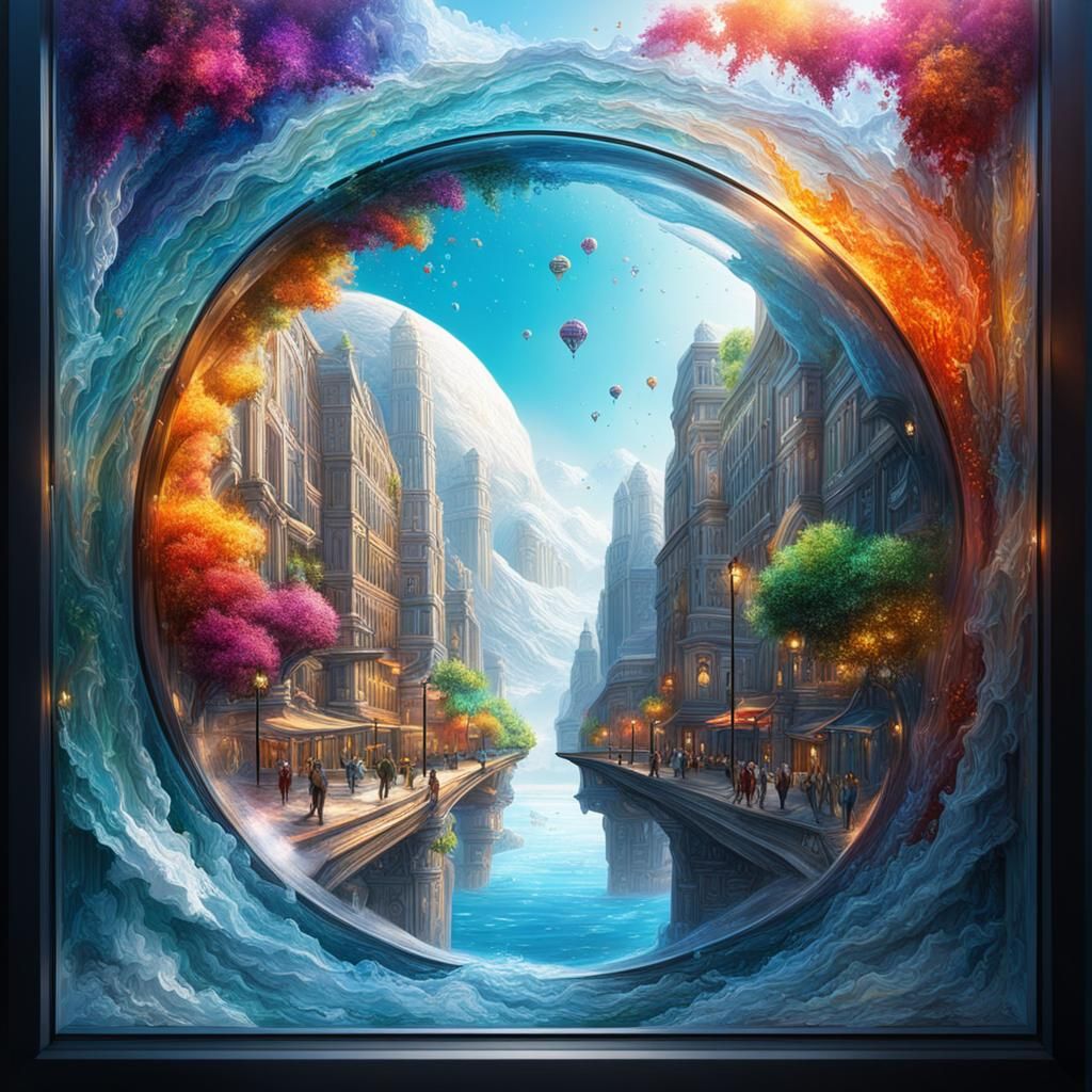 Glass Worlds: Hyperrealistic Portals in Colorful Splash Art