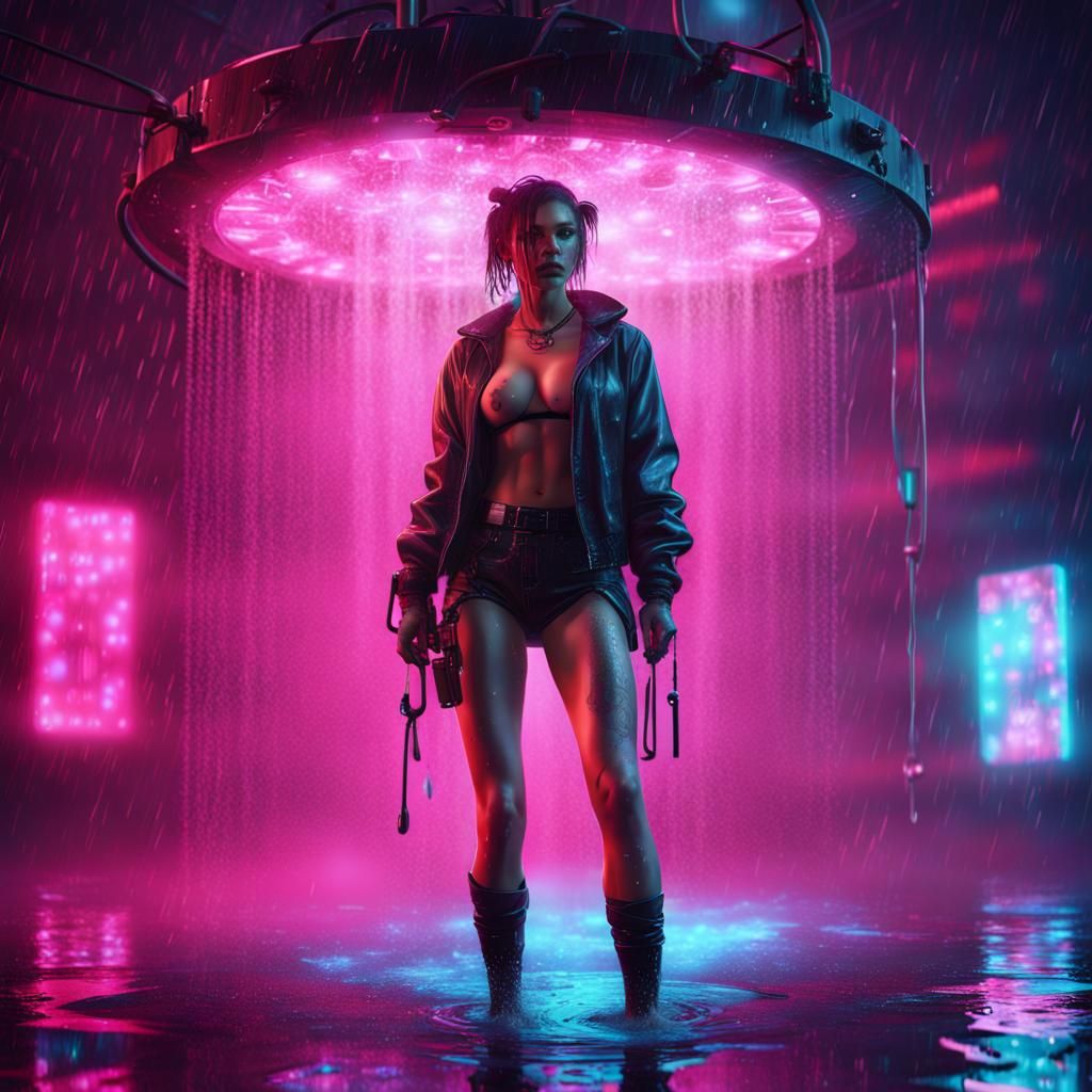 Cyberpunk Girl Under Neon Shower