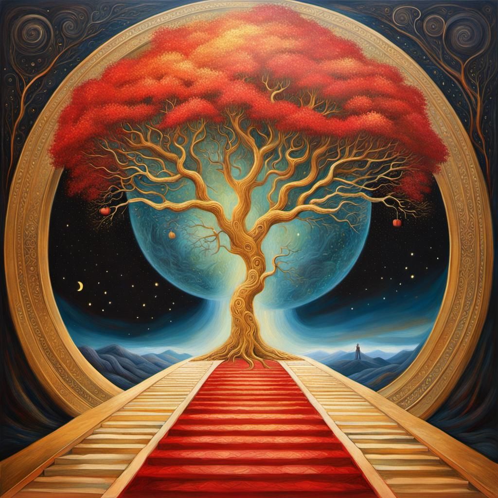 Golden Portal with Tree in Oil Painting Style