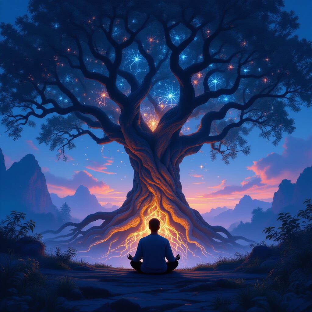 Meditative Twilight: Neural Tree in Surreal Landscape