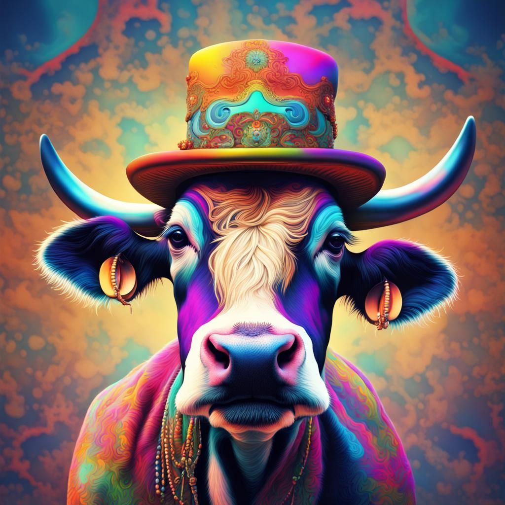Psychedelic Cow in Hat: Modern Digital Art